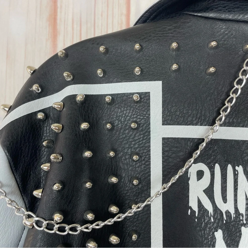 Azalea Wang Studded Black and White Graffiti Faux Leather Moto Jacket (1x) - Picture 14 of 16